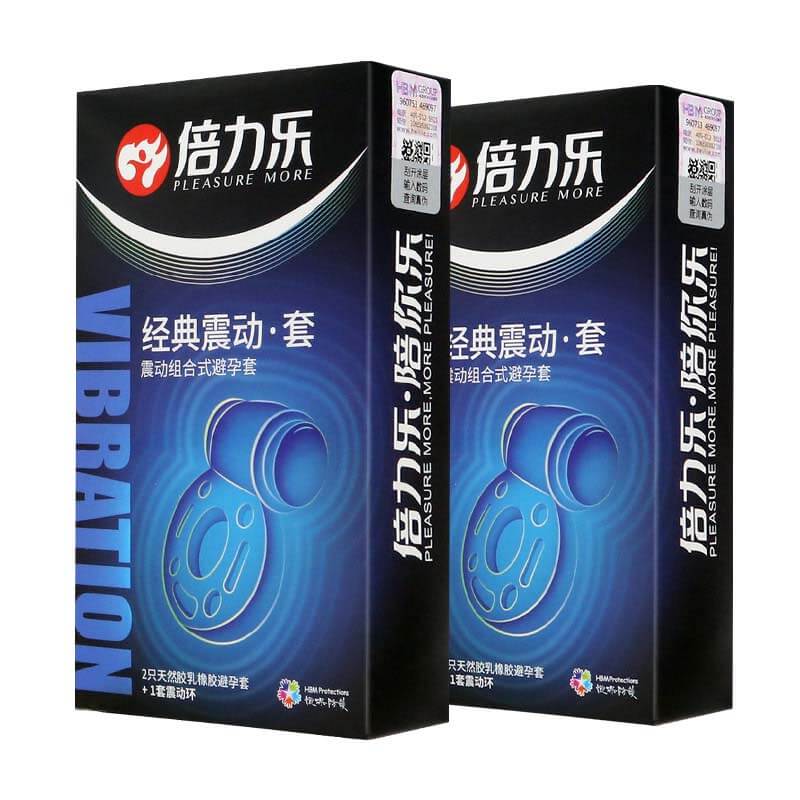 PLEASURE MORE  Vibrating Condoms 2 Latex Sheaths + 1 Semen Locking Ring