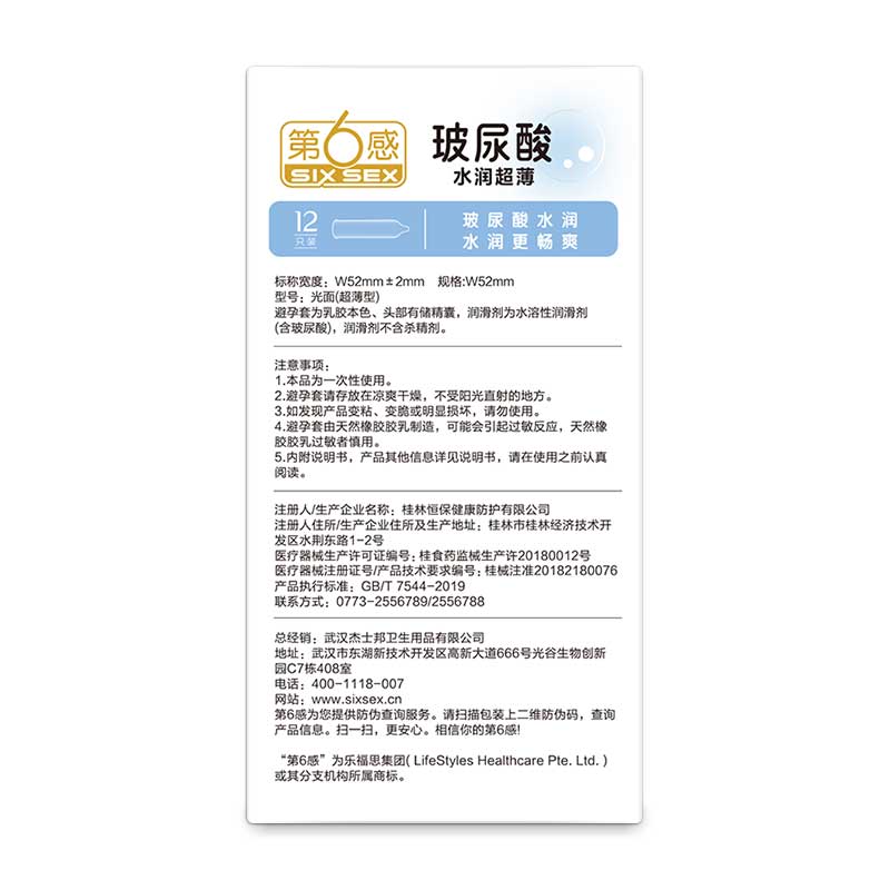 SIX SEX  Hyaluronic Acid Hydrating and Ultra Thin condom pack of twelve